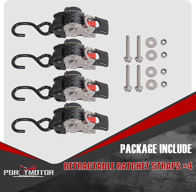 4 Pack Bolt-On Retractable Ratchet Straps (1" x6'), Stainless Steel Self Retractable Ratchet Tie Down Straps Transom Tie Down Strap for Boats, Jet Skis, Motorcycles, ATVs, Cargo