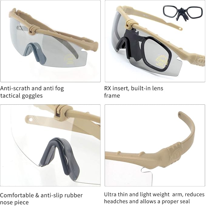 Tactical Eyewear Anti Fog UV400 Protection Glasses (Khaki and Green Frame, 2 Sets)