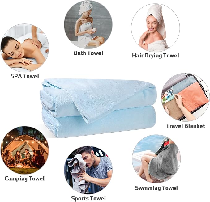 Mixweer 2 Pcs Oversized Bath Towels, 40 x 80 Inch Giant Microfiber Jumbo Bath Sheets Ultra Soft Bathroom Microfiber Quick Dry Absorbent Shower Towels for Spa Camping Beach (Light Blue)