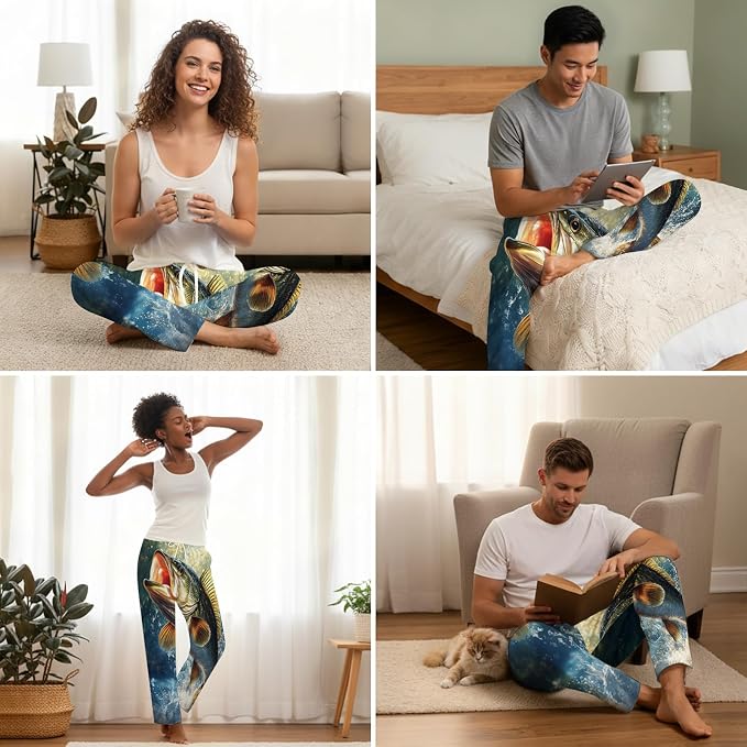 KOYI Fish Pajama Pants, Funny Fishing Print Lounge Pants, Cozy Unisex Sleepwear for Men Women, Novelty Pajama Bottoms