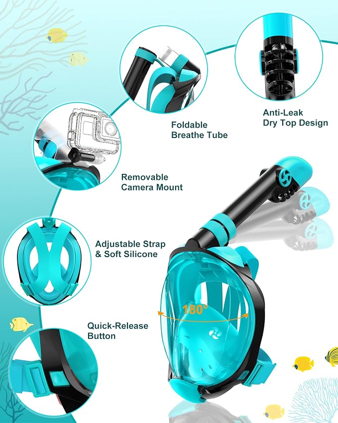 Viginsul Mask Fins Snorkeling Gear for Adults, Full Face Snorkel Mask & Adjustable Swim Fins Snorkel Set, Panoramic View Snorkel Mask Dry Top Anti-Fog Anti-Leak