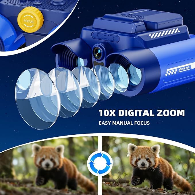 Binoculars for Kids with Night Vision, 2.4" IPS Screen Digital Binoculars with 20 Games & 8GB SD Card, 10X Optical Zoom, Rechargeable STEM Outdoor Toys Gifts for 4-12 Year Old Boys Girls