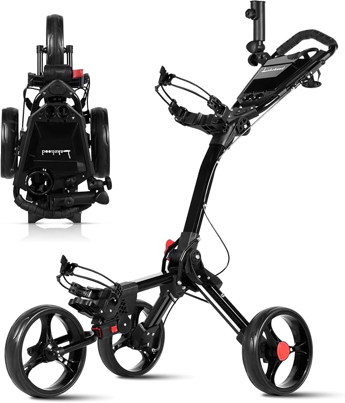 Lakehood Golf Push Cart, 3 Wheel Golf Push Cart Foldable and Golf Bag Cart, Push Cart Golf Easy to Open/Fold, Golf Caddy Push Cart with for Different Terrain with Umbrella Stand Cup Holder Scoreboard