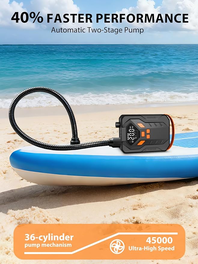Electric Paddle Board Pump, 20PSI Portable Rechargeable SUP Air Pump, Dual Stage Inflation & Deflation, Auto-Off Air Compressor for Stand Up Paddle Boards, Surfing Kite, Tent, Boat, Kayaks