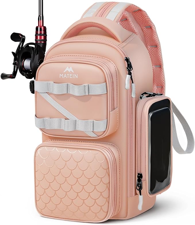 MATEIN Fishing Sling Bag with Lure Rod Holder & Phone Pouch, Waterproof 3600 Tackle Box Backpack with Removable Bait Binder