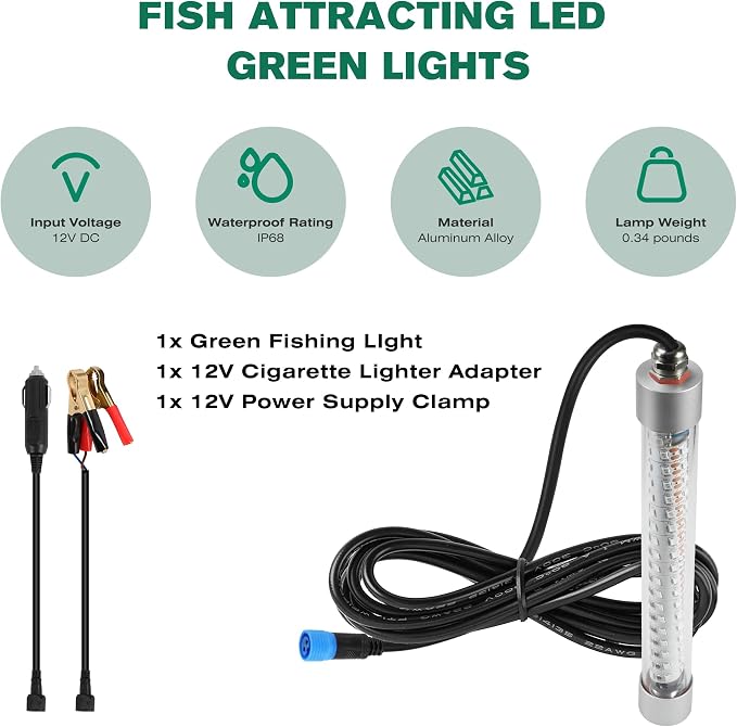 F1 12V Underwater Green Fishing Light, 100W LED Fishing Lights for Night Fishing Docks Boat Kayaks, Submersible Fish Light Attractants for Crappie Snook Squid Fresh&Salt Water (16.4ft Cable)