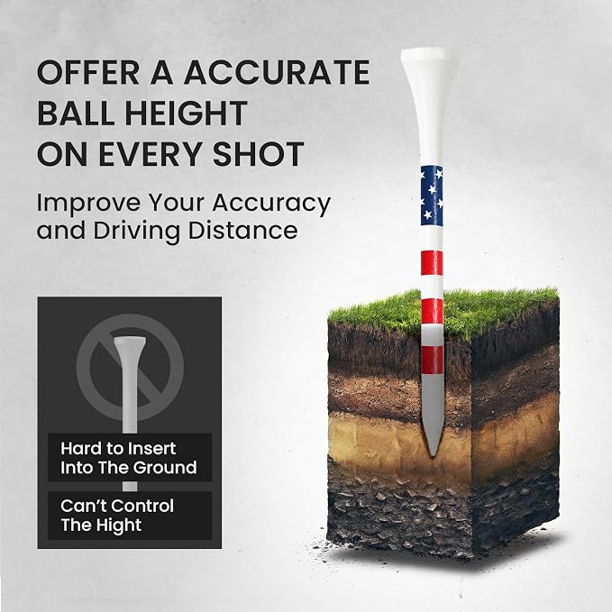 FINGER TEN Premium Bamboo Wood Golf Tees Unique Box Design 18-Pack Per Box Value 18/72/180 Pack, Wooden Tees in 2 3/4" 3 1/4" Durable for Golfers, USA Flag Design Pro Tee Choice