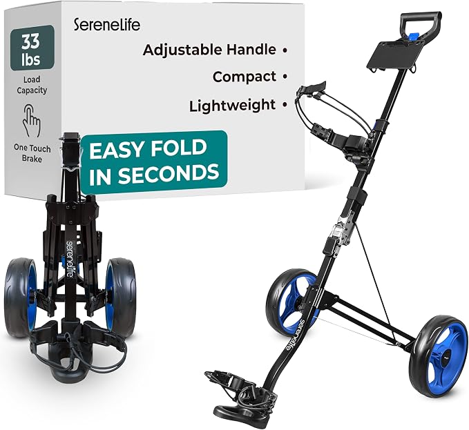 SereneLife Golf Push Pull Cart – Lightweight, Foldable, Bag Holder with Adjustable Handle, Caddy Accessories, Compact Folding Golf Trolley for Travel