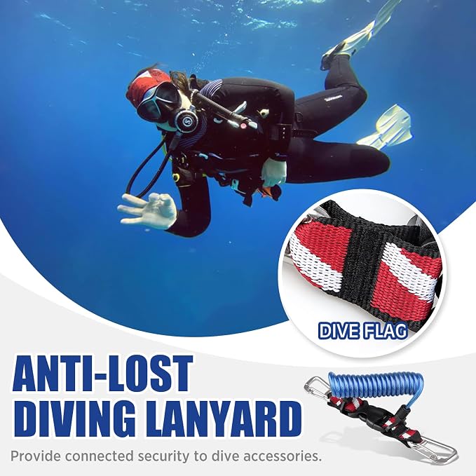 Scuba Retractable Lanyard, Stainless Steel Double-Clips and Spiral Core Anti-Lost Lanyard with Quick-Release Buckle