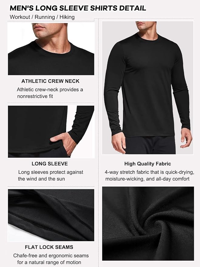 Men's 1, 3 or 5 Pack Performance Long Sleeve T-Shirts, UPF 50+ Sun Protection Shirts, Athletic Gym Workout Shirts for Running