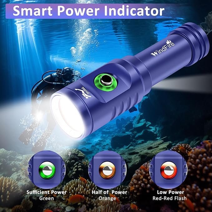 WINDFIRE TS08 Scuba Diving Flashlight, Super Bright Dive Light Rechargeable, 3 Modes Underwater Flashlight, 192 ft Depth IP68 Waterproof Aluminum Torch for Snorkeling, Caving (Blue)
