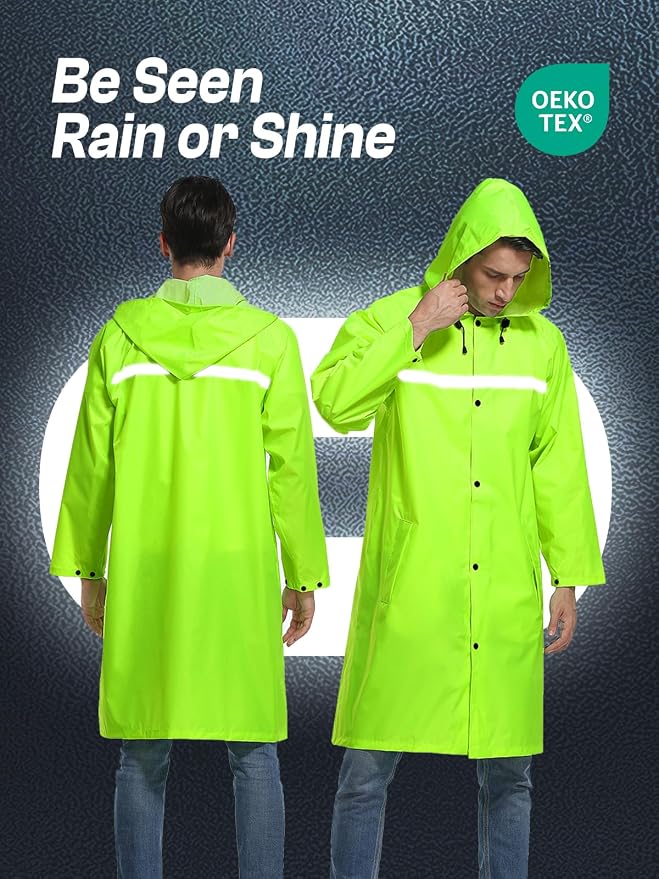 Mens Long Hooded Safety Rain Jacket Waterproof Emergency Raincoat Poncho