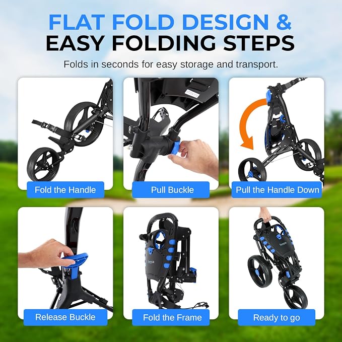 SereneLife Golf Push Pull Cart – Lightweight, Foldable, Bag Holder with Adjustable Handle, Caddy Accessories, Compact Folding Golf Trolley for Travel