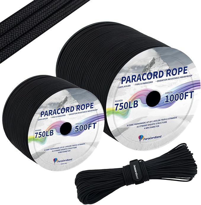 Paracordland-750LB Paracord Rope-100ft/500ft/1000ft- 9 Strand Parachute Spool Cord Heavy Duty String Ideal for Survival Gear Bracelet Camping Hikig Fishing-Black-500FT