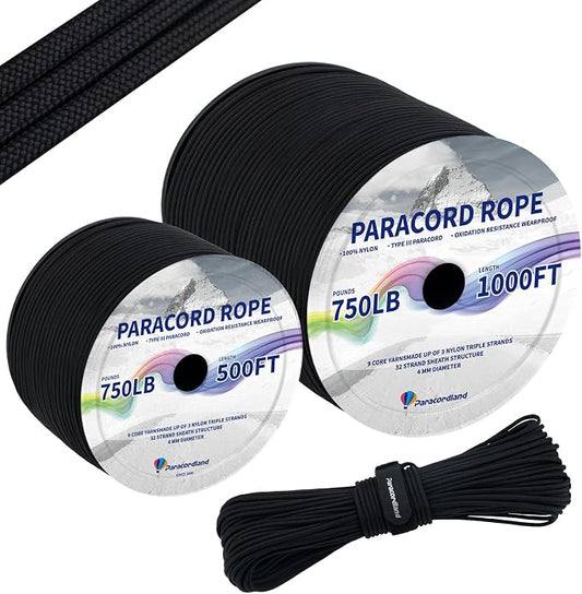 Paracordland-750LB Paracord Rope-100ft/500ft/1000ft- 9 Strand Parachute Spool Cord Heavy Duty String Ideal for Survival Gear Bracelet Camping Hikig Fishing-Black-500FT
