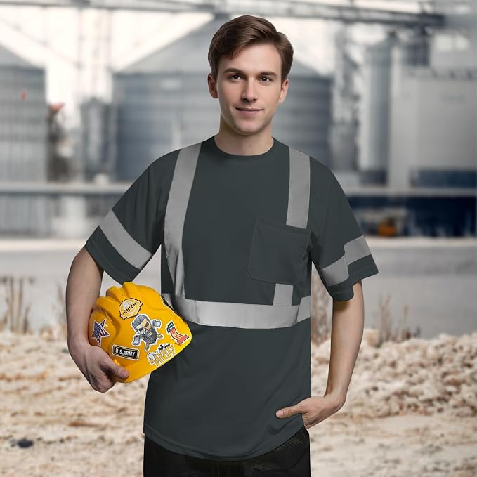 TCCFCCT Construction High Visibility Shirts - Men's & Women's Short Sleeve Work Shirts with Reflective Strips, Durable & Breathable, DC-Dark Grey M