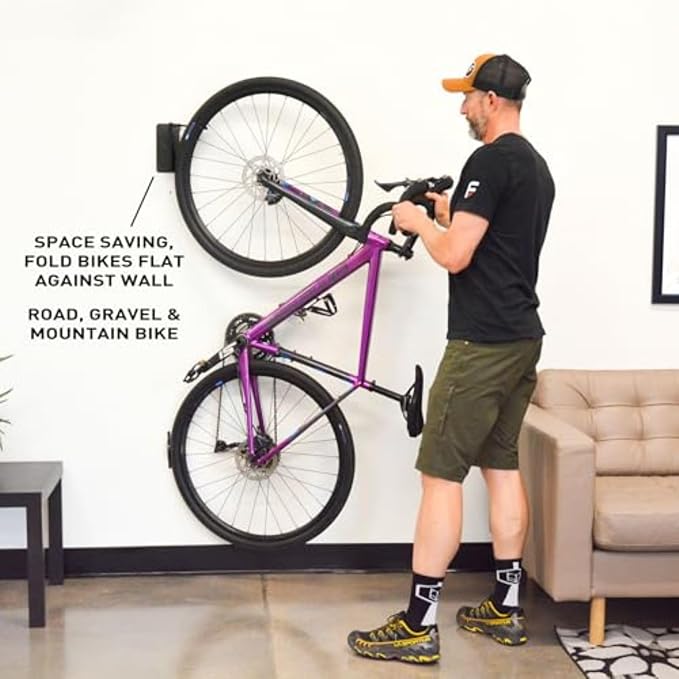 Feedback Sports | Velo Hinge 2.0 (4 Pack) Pivoting Swivel Bike Wall Mount | Vertical Bicycle Hanger | Garage Fold Away Bike Hook | Road, Gravel, Mountain Bike Compatible