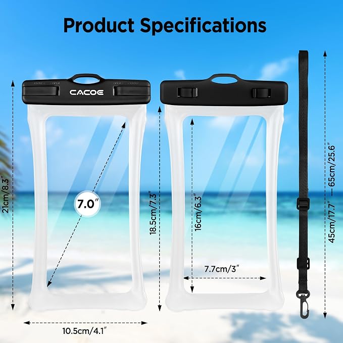 CACOE [Floatable] Floating Universal Waterproof Phone Case 2 Pcs-Up to 7.0",Phone Pouch with Adjustable Neck Lanyard,IPX8 Cellphone Dry Bags for Vacation Water Activities（Black+Black-#2）