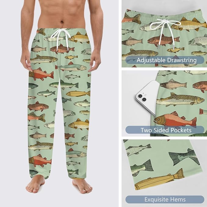 GNEW Fish Pajama Pants – Funny Fishing Lover Sleepwear, Cozy Unisex Lounge Pants Gift for Men Women
