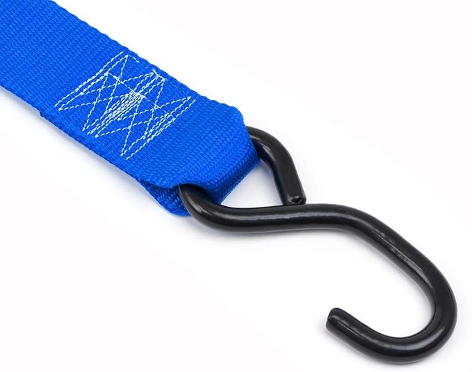 PowerTye Cam Buckle Tie Down Straps – 2 inch x 8ft Straps with S-Hooks – Ideal for Motorcycle, ATV, Trailers, and Truck Bed Cargo – 600 lb WLL & 1,800 lb Break Strength – USA Made, Blue (Pair)