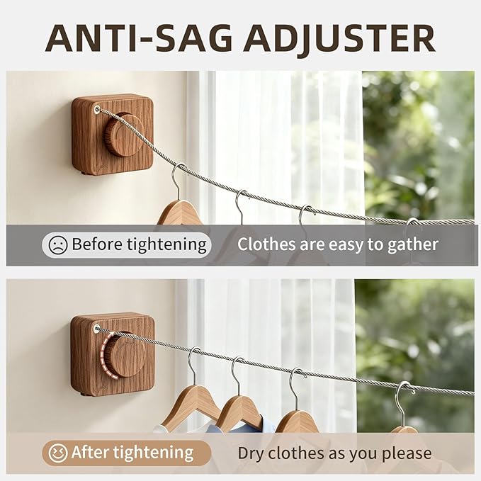 Anti-Sag Retractable Clothesline 40LB Capacity - 201in Stainless Steel Laundry Line for Indoor Outdoor, Wall Mounted Space Saving Easy Install (Wood Grain, Single line)