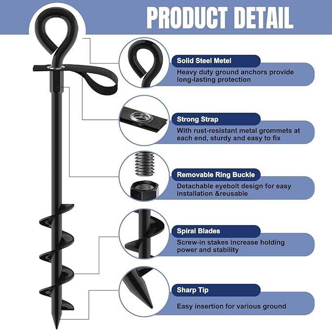 Eurmax USA 4 Pack Heavy Duty Ground Stakes&Anchors,Commercial Spiral Screw-in Trampoline Stakes with Reinforced Tie-Down Straps,High Wind Stabilizing Kit for Canopies,Outdoor Sheds,Swing Sets(Black)