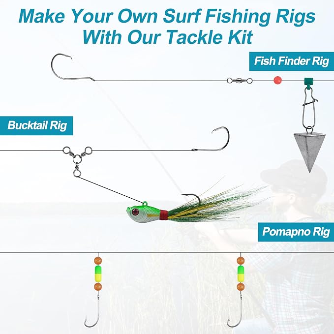 Surf Fishing Tackle Kit,161pcs Saltwater Fishing Gear Fishing Bait Rigs Fish Finder Rigs Pompano Rig Pyramid Sinker Weight Ocean Saltwater Fishing Lures Hooks Swivels Various Fishing Accessories