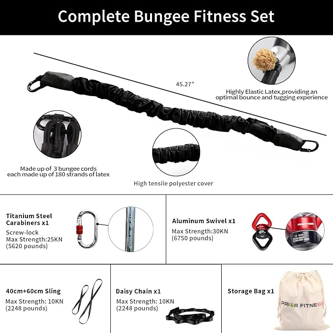 PRIOR FITNESS Premium Bungee Cord, Heavy Duty Bungee Fitness Cord,88-264Pounds Resistance Cord Elastic Rope Suspension Workout Fitness Bands for Exercise at Home Gym Include ONLY 1* Extra Bungee Cord