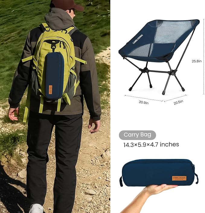 CAMEL CROWN Portable Camping Chair Lightweight Compact Folding Chair Mesh for Outdoor Camp Travel Beach Picnic Festival Hiking Backpacking Navy Blue 2 Pack