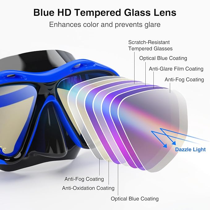 Snorkeling Gear for Adults, Snorkel Mask With Mirrored Tempered Glass Lens 180° Wide View Anti-Fog Scuba Diving Mask, Professional Snorkel Set for Swimming Diving, Gifts for Women Mom Men Dad