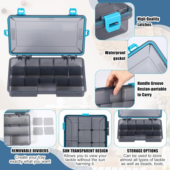 Wonderjune 12 Pack Fishing Tackle Boxes Waterproof 3600 and 3700 Tackle Trays with Removable Dividers Plastic Storage Organizer Bait Vault Camouflage Box for Freshwater Saltwater (Blue,3600)