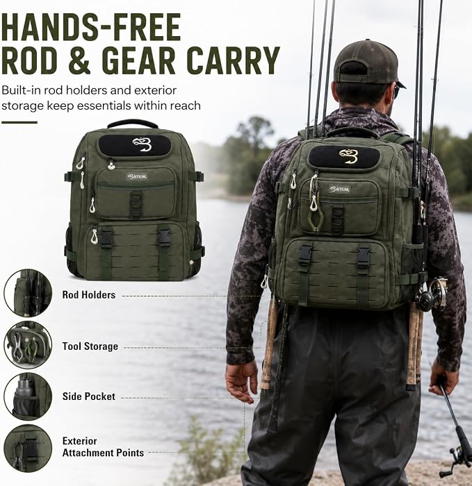 Baitium Fishing Backpack, Tackle Bag With Rod Holders, 40L Capacity With Cooler, Rain Cover, Insulated Pocket, 4 Tackle Trays Included- (Green)
