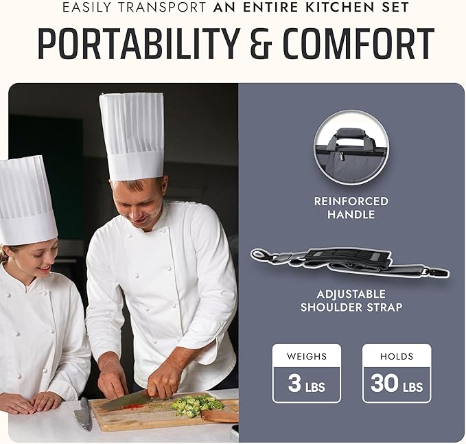 Asaya Chef Knife Bag - 28-Pocket Knives Carrying Case for Kitchen Tools and Utensils, Ballistic Nylon Chef Knife Roll Bag with Adjustable Shoulder Strap - Knives Not Included (Grey)