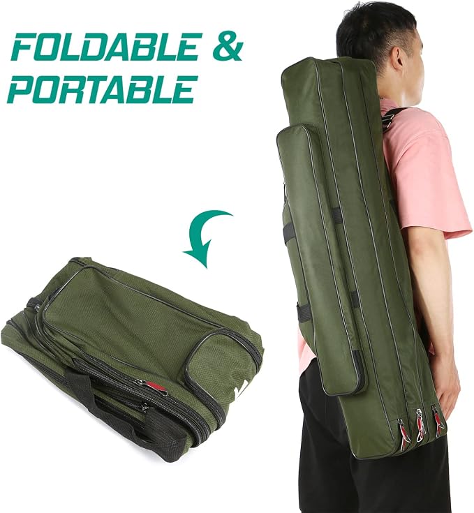 Fishing Rod Case - Three Layer Oxford Portable Folding Pole Bag, Waterproof Tackle Storage, Travel Bags for Camping, Hiking