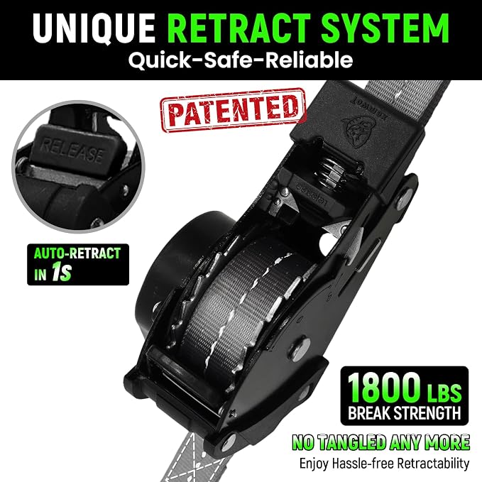 Retractable Ratchet Straps (Patented-2pack) - 1 inch x 10Feet (1,800lb Break Strength) Auto Self Retracting Tie Down Straps - Self Retractable Straps with Refletcive for Motorcyle, Truck or Cargo