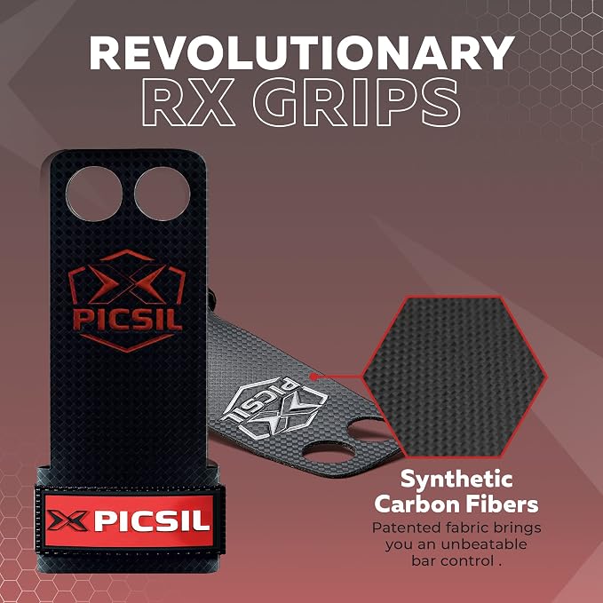 PICSIL - RX Grips | Synthetic Workout & Gymnastics Grips | Ultra-Resistant Carbon Fibre for Cross Training | Helps Prevent Tears & Blisters | Carbon Fibre Material | Use wiht Chalk |