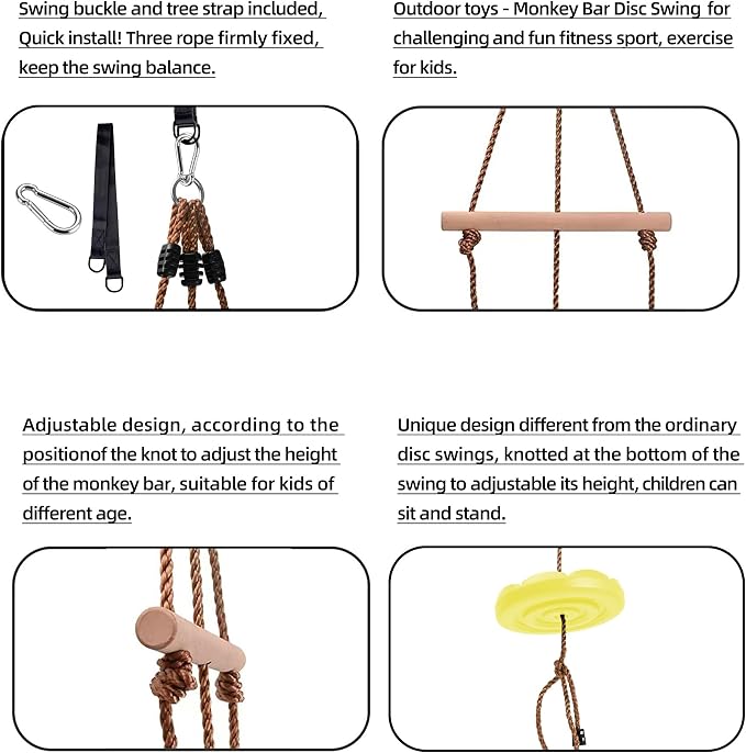 KINSPORY Disc Swing for Kids, Swing Set Accessories, 7FT Height Adjustable Gym Monkey Bars, Hanging Tree Seat for Backyard, Outdoor Play Equipment (Yellow)