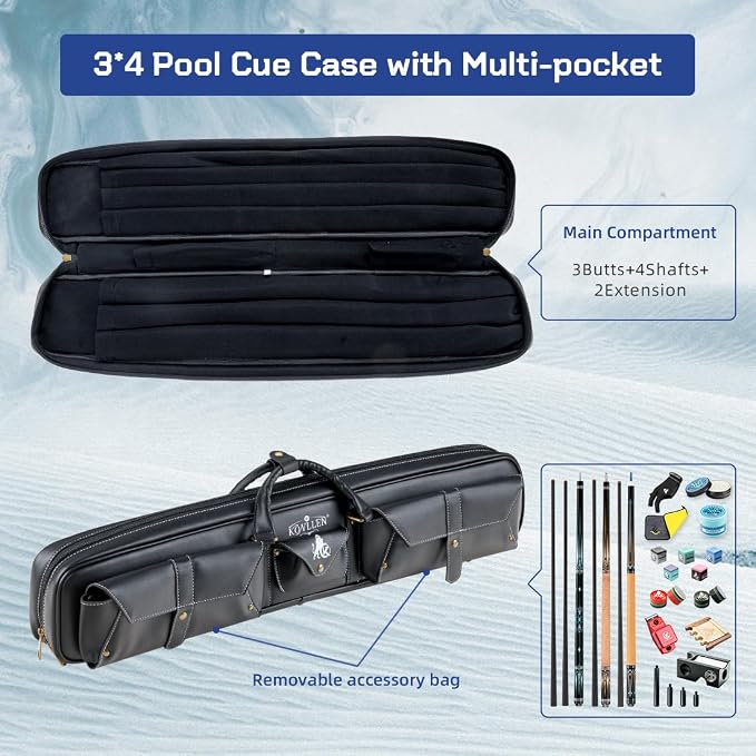 KONLLEN 2x4 Hard Pool Cue Case – Professional Billiards Cue Case for 2 Butts & 4 Shafts, Durable Hard Shell Cue Bag with Adjustable Shoulder Strap, Large Storage Pockets