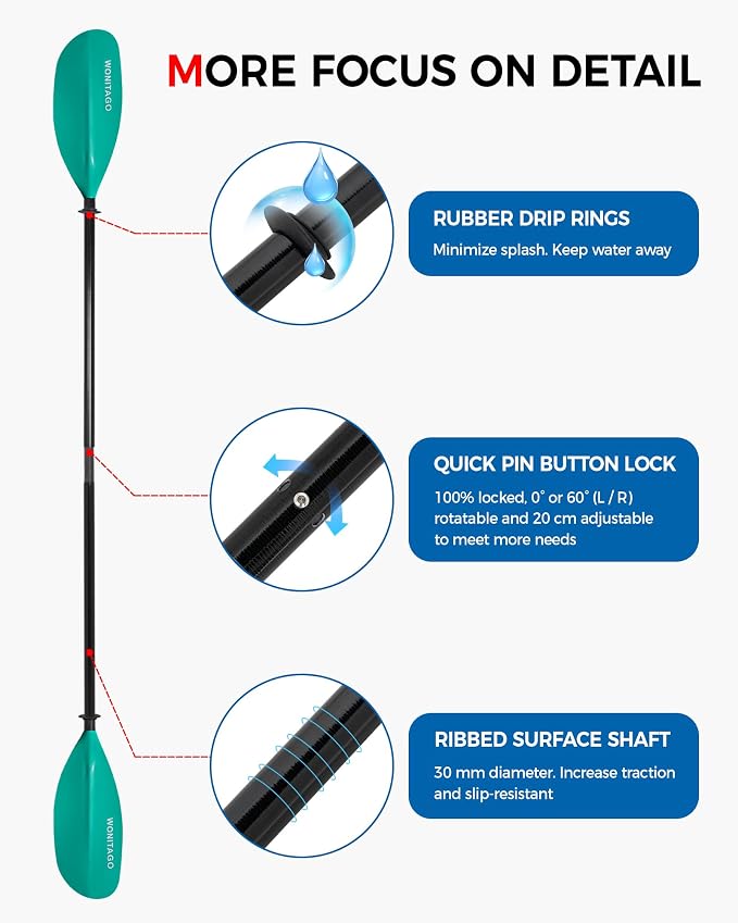Kayak Paddle with Fiberglass Shaft and Reinforced Nylon Blade, Adjustable Kayaking Oars, 3 Piece, 230-250 cm/90-98 inches, 210-230 cm/82-90 inches