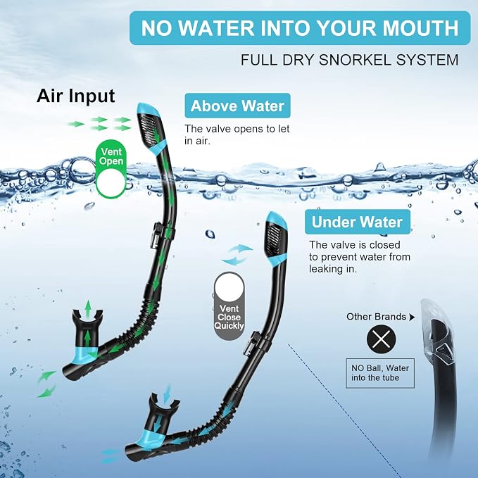 Odoland Snorkel Set, Adults Snorkeling Packages with Dry Top Diving Mask, Adjustable Swim Fins, Mesh Bag, Anti-Fog Anti-Leak Snorkeling Gear for Men Women