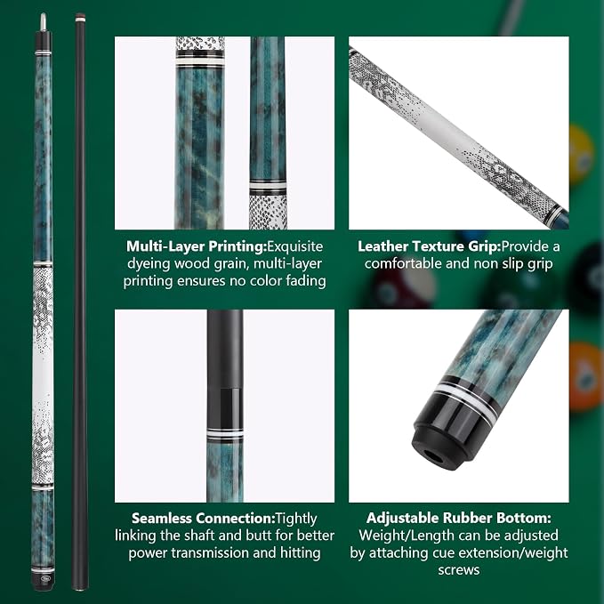Glass Fiber Pool Cue Stick, 58" Professional Pool Stick for Adults 13mm 6-Layer Rainbow Tips Low Deflection Billiard Cue Stick, Uni-Loc Joint Pin, 19oz