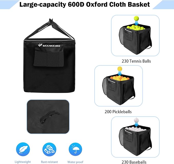 Sturdy Pickleball Tennis Ball Hopper - Foldable Lightweight Tennis Cart Holds 240 Tennis/180 Pickleballs with Removable Bag, Wheels, Side Pocket for Training/Teaching