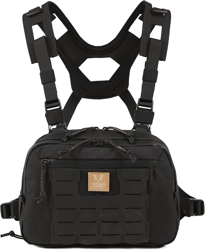 VOTAGOO GEAR Tactical Chest Rig Bag, 3L Utility Hypalon Molle Chest Rig With Map Pocket 500D Cordura Chest Bag for Hunting Workouts (Black)