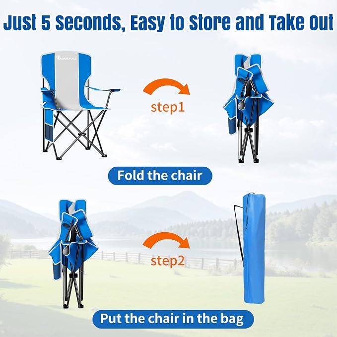 Oversized Camping Chair, 500 LBS High Back Lawn Chairs Folding (Blue Gray) | Portable Outdoor Heavy Duty Folding Camping Chair for Adults, with Cup Holder for Picnic, Lawn, Beach, Fishing and Sports