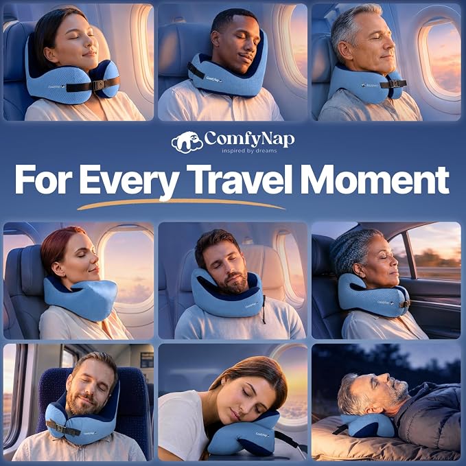 ComfyNap® Versatile Travel Neck Pillow for Airplane [Patented], 9 Positions in 3 Techniques, Plane Pillow with Pure Memory Foam, Travel Pillow with HeadRest Flight Sleep, Travel Essential - Zeus