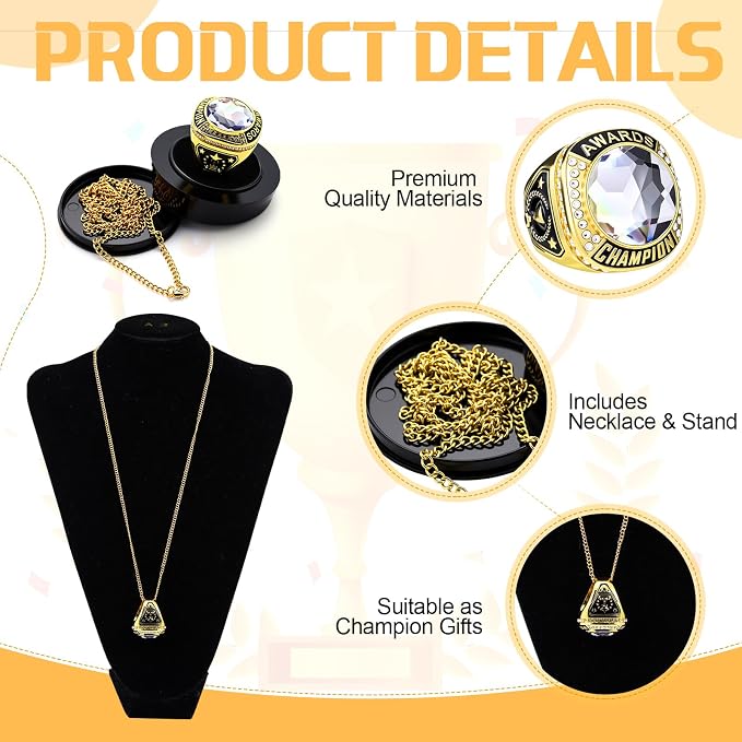 Landical 10 Pcs Championship Trophy Rings Bulk MVP Winner Youth Award Gift with Neck Chains and Display Stand for Basketball Baseball Football Volleyball Softball