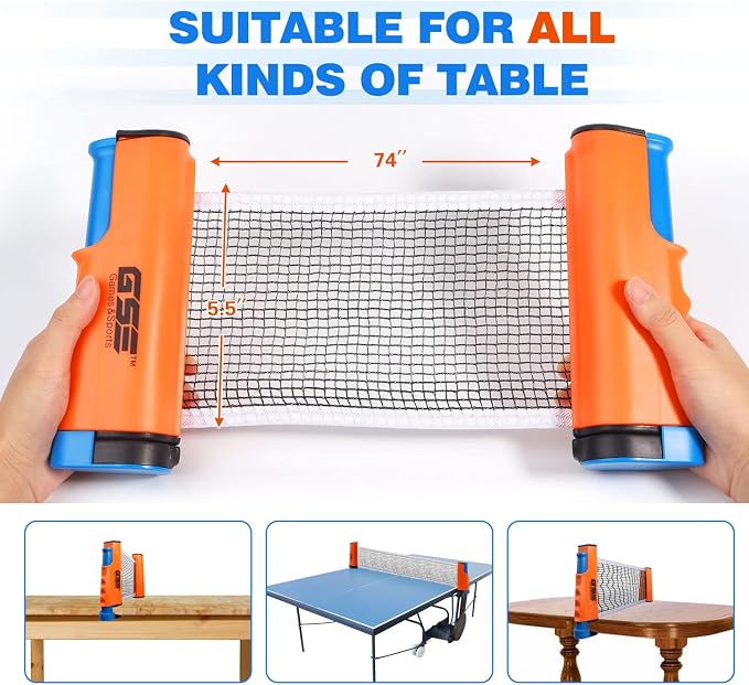 GSE Games & Sports Expert Adjustable Retractable Ping Pong Net Set & Post. Professional Table Tennis Rackets and Balls, Net with Posts and Storage Bag - Pingpong Paddle and Game Table Accessories. | Adjustable