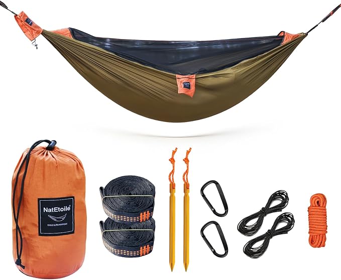Camping Hammock with Integrated Mosquito Net, Ultralight Backpacking Hammock with Tree Straps & End-Aligned Stuff Sack, 210T Parachute Nylon Single Outdoor Portable Hammock-Olive Green & Orange