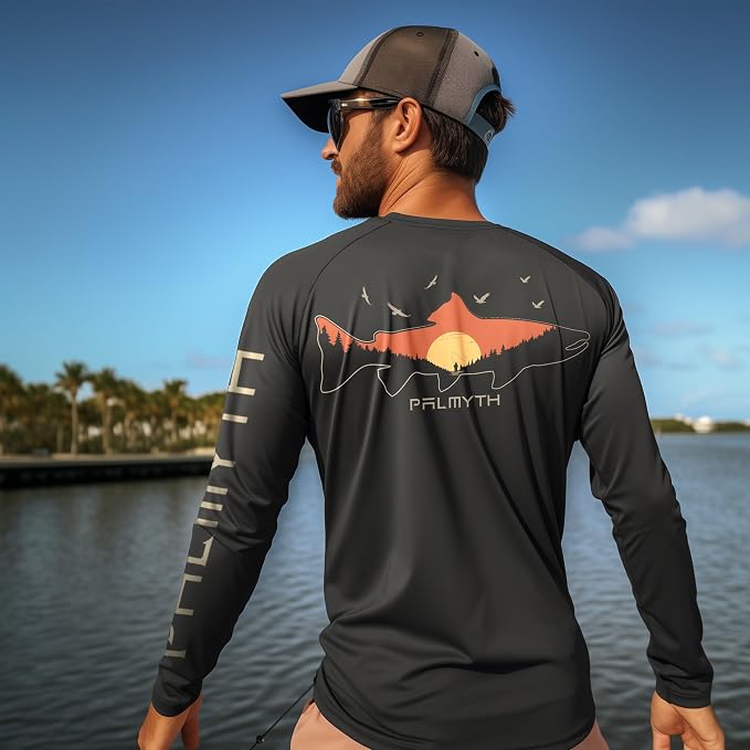 Palmyth Fishing Shirts for Men Long Sleeve UPF 50+ T Shirt Sun Protection | Quick Dry, Sun Protection, Myth-Cool Fabric, Fish Print, Moisture Wicking, Stretchy, Breathable, Fishing,Boating,Outdoor Wear