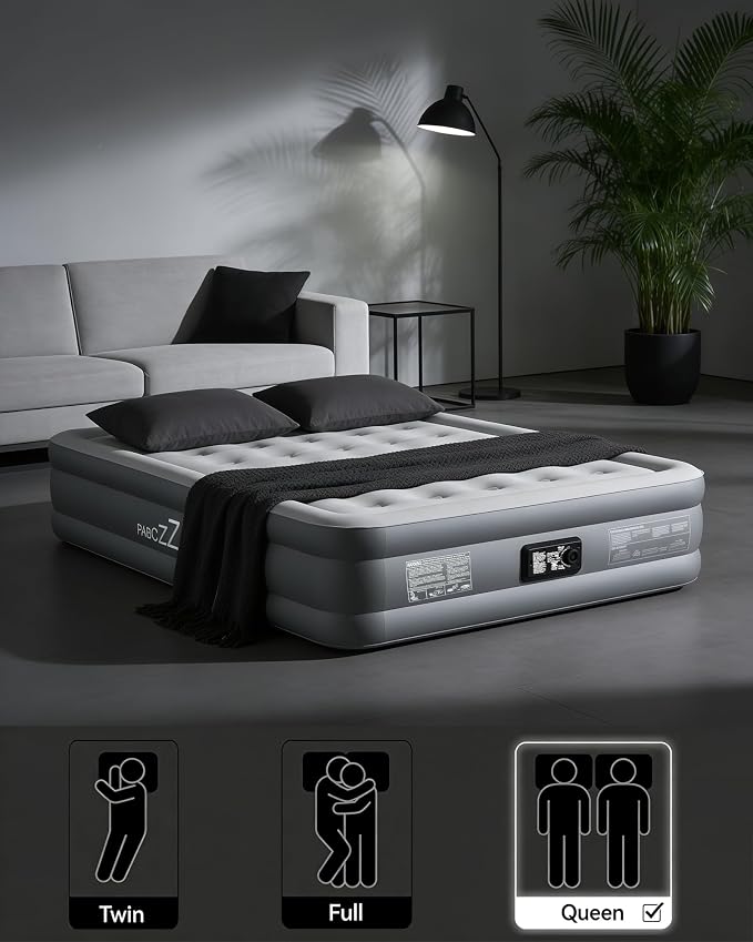 air Mattress Queen with Built in Pump – 18-Inch Thickened Inflatable Mattress for Easy Travel, Supports Up to 650 Pounds Pounds (Dark Gray, Queen)